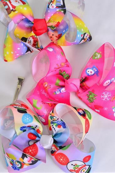 Hair Bow Jumbo Santa Snowman Penguin Mix Grosgrain Bow-tie / 12 pcs Bow = Dozen  Christmas Day , Alligator Clip , Size - 6" x 5" Wide , 4 Of Each Pattern Asst , Clip Strip & UPC Code