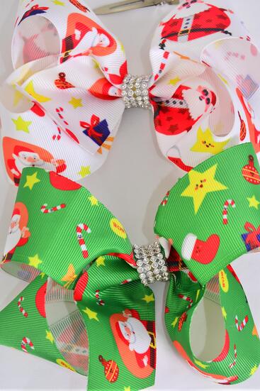 Hair Bow Jumbo Santa W Gifts Grosgrain Bow-tie / 12 pcs Bow = Dozen  Alligator Clip , Size - 6" x 5" Wide , 6 of each Pattern Asst , Clip Strip & UPC Code