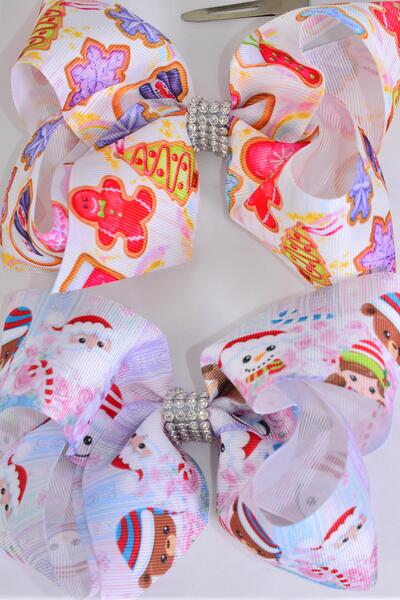 Hair Bow Jumbo Christmas Theme Grosgrain Bow-tie / 12 pcs Bow = Dozen Christmas , Alligator Clip , Size - 6" x 5" Wide , 6 Of Each Pattern Asst , Clip Strip & UPC Code