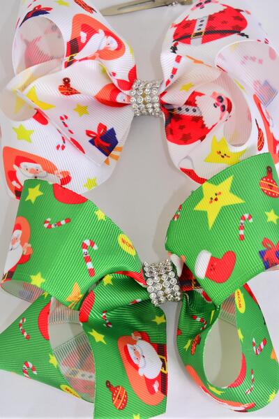 Hair Bow Jumbo Santa W Gifts Grosgrain Bow-tie / 12 pcs Bow = Dozen  Alligator Clip , Size - 6" x 5" Wide , 6 of each Pattern Asst , Clip Strip & UPC Code