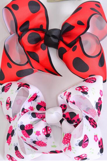 Hair Bow Jumbo Ladybug Pattern Mix Grosgrain Bow-tie / 12 pcs Bow = Dozen  Alligator Clip , Size - 6 " x 5" Wide , 6 Of each Pattern Asst , Clip Strip and UPC Code