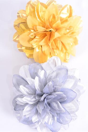 Flower Jaw Clip Bouquet Metallic Gold Silver Mix / 12 pcs Jaw Clip Flower = Dozen Flower Size - 5.5" Wide ,  6 Of Each Pattern Asst , Display Card & UPC Code , Clear Box