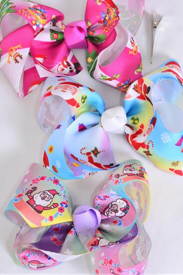 Hair Bow Jumbo Happy Santa Christmas Tree Asst Grosgrain Bow-tie / 12 pcs Bow = Dozen Alligator Clip , Size - 6" x 5" Wide , 4 Of Each Pattern Asst , Clip Strip & UPC Code