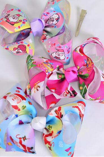 Hair Bow Jumbo Happy Santa Christmas Tree Asst Grosgrain Bow-tie / 12 pcs Bow = Dozen Alligator Clip , Size - 6" x 5" Wide , 4 Of Each Pattern Asst , Clip Strip & UPC Code