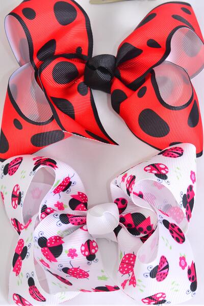 Hair Bow Jumbo Ladybug Pattern Mix Grosgrain Bow-tie / 12 pcs Bow = Dozen  Alligator Clip , Size - 6 " x 5" Wide , 6 Of each Pattern Asst , Clip Strip and UPC Code
