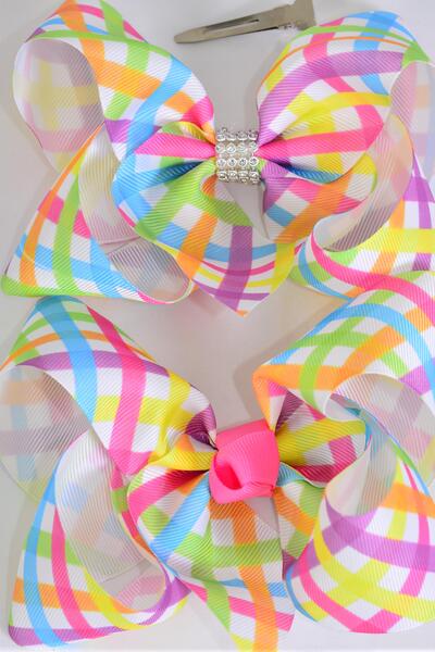 Hair Bow Jumbo Plaid Grosgrain Bow-tie / 12 pcs Bow = Dozen Plaid , Alligator Clip , Size - 6" x 5" Wide , Clip Strip & UPC Code