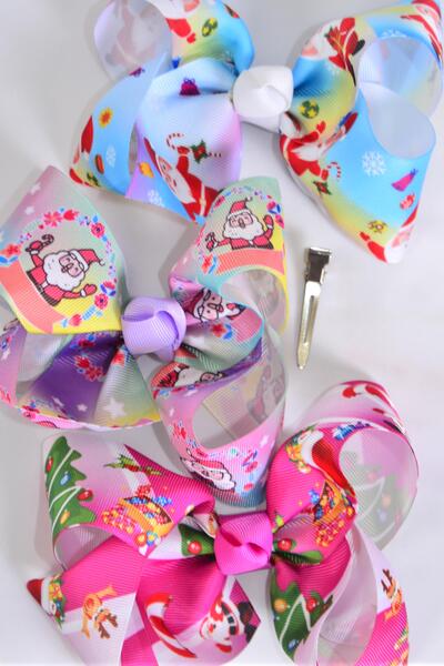 Hair Bow Jumbo Happy Santa Christmas Tree Asst Grosgrain Bow-tie / 12 pcs Bow = Dozen Alligator Clip , Size - 6" x 5" Wide , 4 Of Each Pattern Asst , Clip Strip & UPC Code