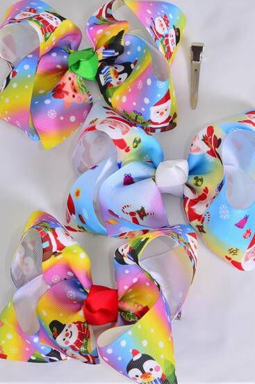 Hair Bow Jumbo Penguin Santa Snow Day Mix Grosgrain Bow-tie / 12 pcs Bow = Dozen Christmas , Alligator Clip , Size - 6" x 5" Wide , 6 Of each Pattern Asst , Clip Strip & UPC Code