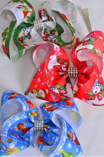 Hair Bow Jumbo Happy Snowman Stockig Mix Grosgrain Bow-tie / 12 pcs Bow = Dozen  Snow days , Alligator Clip , Size - 6" x 5" Wide , 4 Of Each Pattern Asst , Clip Strip & UPC Code