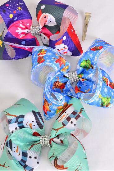 Hair Bow Jumbo Christmas Snowman Santa Stockig mix Grosgrain Bow-tie / 12 pcs Bow = Dozen Alligator Clip , Size - 6" x 5" Wide , 4 Of Each Pattern Asst , Clip Strip & UPC Code
