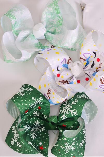Hair Bow Jumbo Reindeer Snowflake Pattern Mix Grosgrain Bow-tie / 12 pcs Bow = Dozen  Alligator Clip , Size - 6" x 5" Wide , 4 Of Each Color Asst , Clip Strip & UPC Code