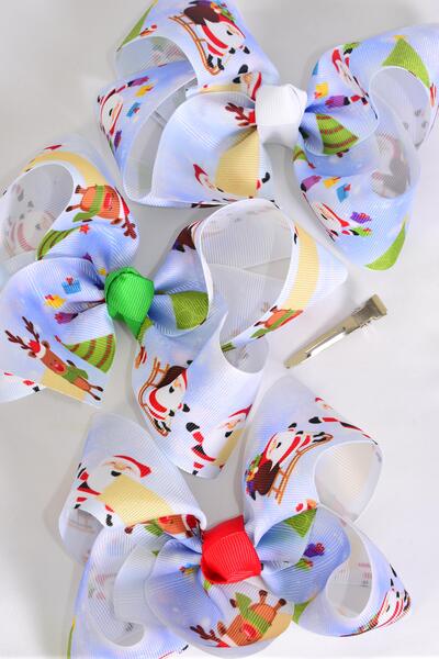 Hair Bow Jumbo Happy Santa Grosgrain Bow-tie / 12 pcs Bow = Dozen Santa , Alligator Clip , Size - 6" x 5" Wide , 4 of each Pattern Asst , Clip Strip & UPC Code