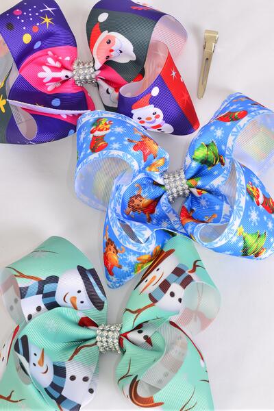 Hair Bow Jumbo Christmas Snowman Santa Stockig mix Grosgrain Bow-tie / 12 pcs Bow = Dozen Alligator Clip , Size - 6" x 5" Wide , 4 Of Each Pattern Asst , Clip Strip & UPC Code