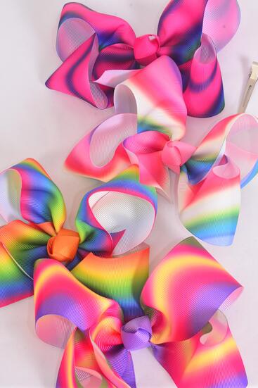Hair Bow Jumbo Gradient Tiedye Grosgrain Bow-tie / 12 pcs Bow = Dozen Alligator Clip , Size - 6" x 5" Wide , 3 Of each Pattern Asst , Clip Strip & UPC Code