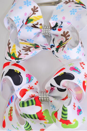 Hair Bow Jumbo Christmas Elf Santa Reindeer Mix Grosgrain Bow-tie / 12 pcs Bow = Dozen  Alligator Clip , Size - 6" x 5" Wide , 6 Of Each Pattern Asst , Clip Strip & UPC Code
