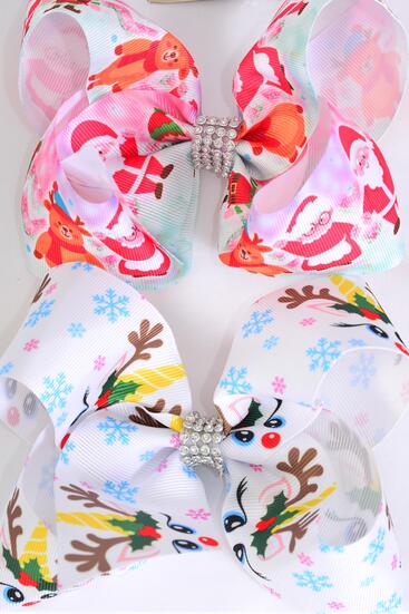 Hair Bow Jumbo Santa Workshop Reindeer Christmas Theme Grosgrain Bow-tie / 12 pcs Bow = Dozen  Alligator Clip , Size - 6" x 5" Wide , 6 Of Each Pattern Asst , Clip Strip & UPC Code