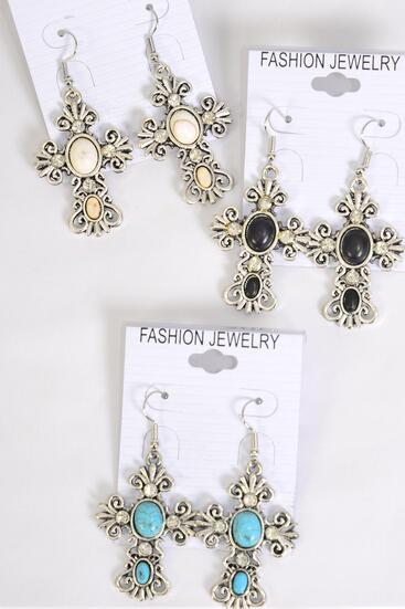 Earrings Metal Antique Cross Semiprecious Stone / 12 pair = Dozen match 27129 75025  Fish Hook , Size - 1.75" x 1.25" Wide , 4 Black , 4 Ivory , 4 Turquoise Asst , Earring Card & OPP Bag & UPC Code