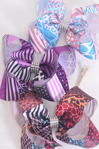 Hair Bow Jumbo Animal Pattern Mix Grosgrain Bow-tie /  12 pcs Bow = Dozen  Alligator Clip , Size - 6" x 5" Wide , 4 Of Each Pattern Asst , Clip Strip and UPC Code