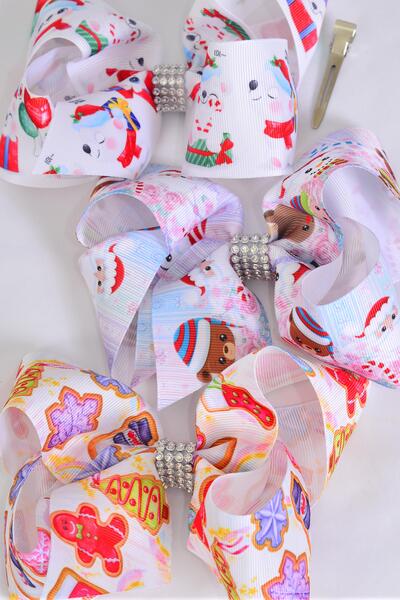 Hair Bow Jumbo Christmas Theme Gingerbread Bear Puppies Cookies Grosgrain Bow-tie / 12 pcs Bow = Dozen   Alligator Clip , Size - 6" x 5" Wide , 4 Of Each Color Asst , Clip Strip & UPC Code