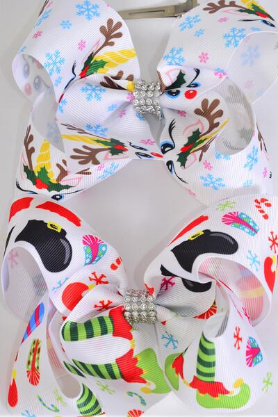 Hair Bow Jumbo Christmas Elf Santa Reindeer Mix Grosgrain Bow-tie / 12 pcs Bow = Dozen  Alligator Clip , Size - 6" x 5" Wide , 6 Of Each Pattern Asst , Clip Strip & UPC Code