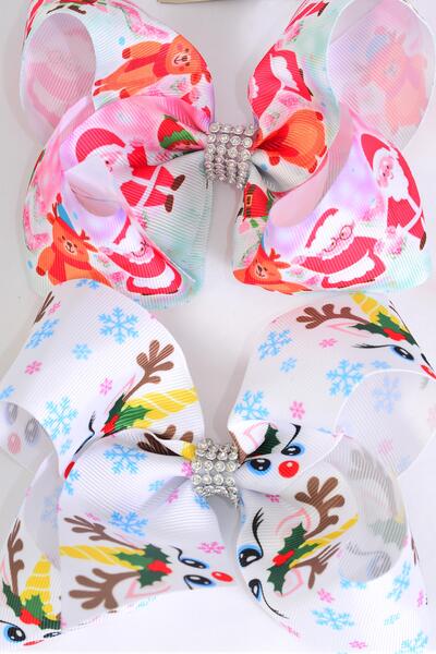 Hair Bow Jumbo Santa Workshop Reindeer Christmas Theme Grosgrain Bow-tie / 12 pcs Bow = Dozen  Alligator Clip , Size - 6" x 5" Wide , 6 Of Each Pattern Asst , Clip Strip & UPC Code