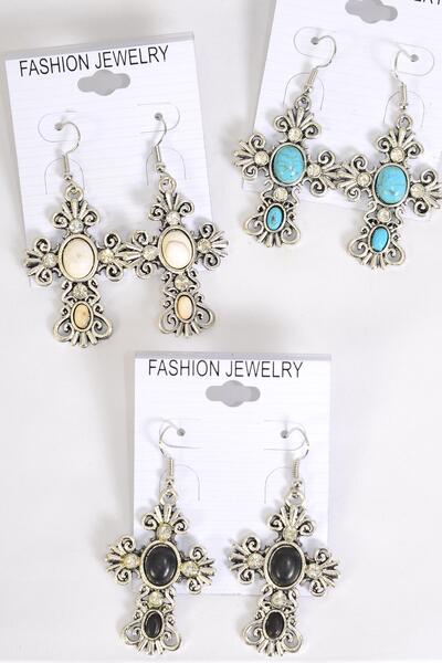 Earrings Metal Antique Cross Semiprecious Stone / 12 pair = Dozen match 27129 75025  Fish Hook , Size - 1.75" x 1.25" Wide , 4 Black , 4 Ivory , 4 Turquoise Asst , Earring Card & OPP Bag & UPC Code