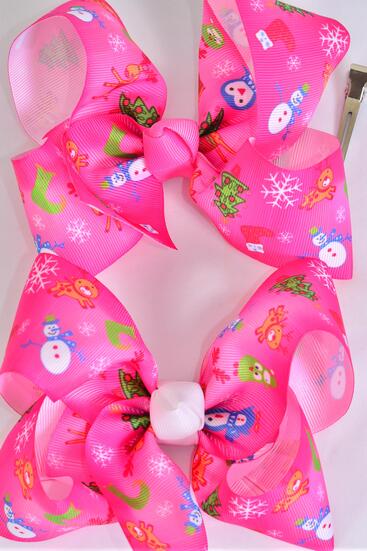 Hair Bow Jumbo Christmas Penguin Pink Winter Wonderland Grosgrain Bow-tie / 12 pcs Bow = Dozen Alligator Clip , Size - 6" x 5" Wide , 6 of each Pattern Asst , Clip Strip & UPC Code