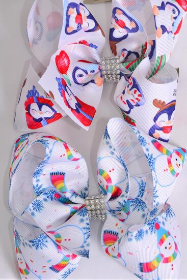 Hair Bow Jumbo Christmas Snowman Penguin Mix Grosgrain Bow-tie / 12 pcs Bow = Dozen  Alligator Clip , Size - 6" x 5" Wide , 6 Of Each Pattern Asst , Clip Strip & UPC Code