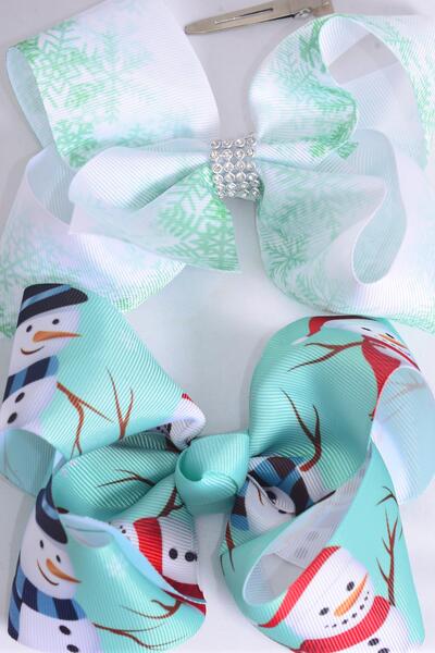 Hair Bow Jumbo Snowflake Snowman Winter Wonderland Theme Mix Grosgrain Bow-tie / 12 pcs Bow = Dozen Snowman , Alligator Clip , Size - 6" x 5" Wide , 6 Of Each Pattern Asst , Clip Strip & UPC Code