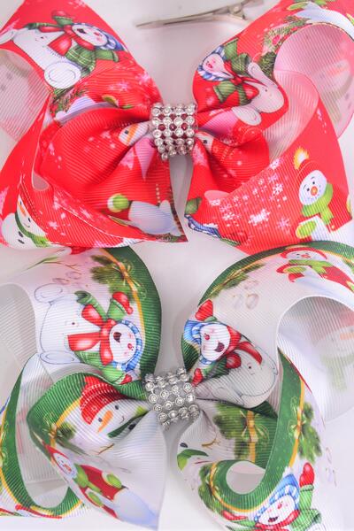 Hair Bow Jumbo Snowman Grosgrain Bow-tie / 12 pcs Bow = Dozen  Alligator Clip , Size - 6" x 5" Wide , 6 Of Each Pattern Asst , Clip Strip & UPC Code