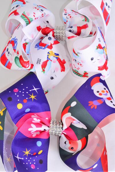 Hair Bow Jumbo Christmas Theme Mix Grosgrain Bow-tie / 12 pcs Bow = Dozen  Christmas , Alligator Clip , Size - 6" x 5" Wide , 6 Of Each Pattern Asst , Clip Strip & UPC Code