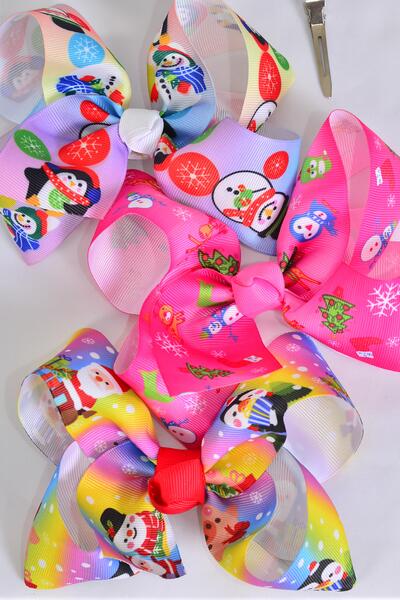 Hair Bow Jumbo Santa Snowman Penguin Mix Grosgrain Bow-tie / 12 pcs Bow = Dozen  Christmas Day , Alligator Clip , Size - 6" x 5" Wide , 4 Of Each Pattern Asst , Clip Strip & UPC Code