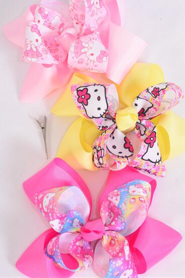 Hair Bow Jumbo Double Layered Cute Kitty Pattern Mix Grosgrain Bow-tie /  12 pcs Bow = Dozen Alligator Clip , Size - 6" x 5" Wide , 4 Of Each Pattern Asst , Clip Strip & UPC Code