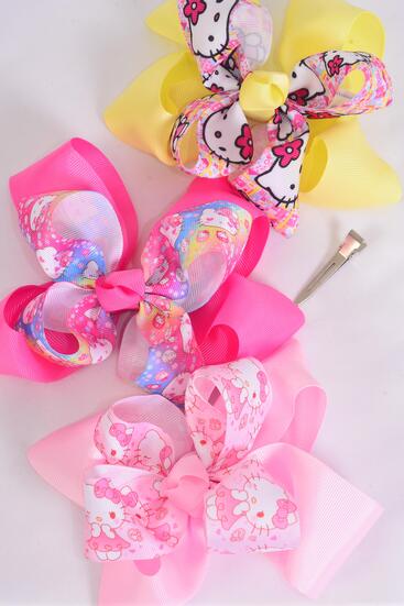 Hair Bow Jumbo Double Layered Cute Kitty Pattern Mix Grosgrain Bow-tie /  12 pcs Bow = Dozen Alligator Clip , Size - 6" x 5" Wide , 4 Of Each Pattern Asst , Clip Strip & UPC Code