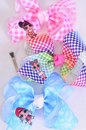 Hair Bow Jumbo LOL Doll Pattern Asst / 12 pcs Bow = Dozen Alligator Clip , Size - 6" x 5" Wide , 4 of each Pattern Asst , Clip Strip & UPC Code