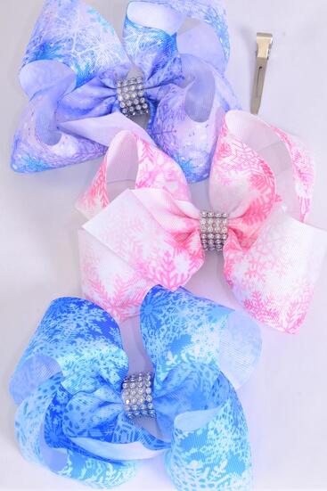 Hair Bow Jumbo Snowflake Grosgrain Bow-tie / 12 pcs Bow = Dozen  Snowflake , Alligator Clip , Size - 6" x 5" Wide , 4 Of each Pattern Asst , Clip Strip & UPC Code
