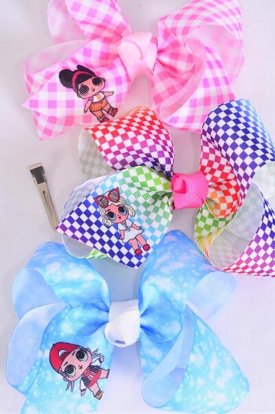 Hair Bow Jumbo LOL Doll Pattern Asst / 12 pcs Bow = Dozen Alligator Clip , Size - 6" x 5" Wide , 4 of each Pattern Asst , Clip Strip & UPC Code