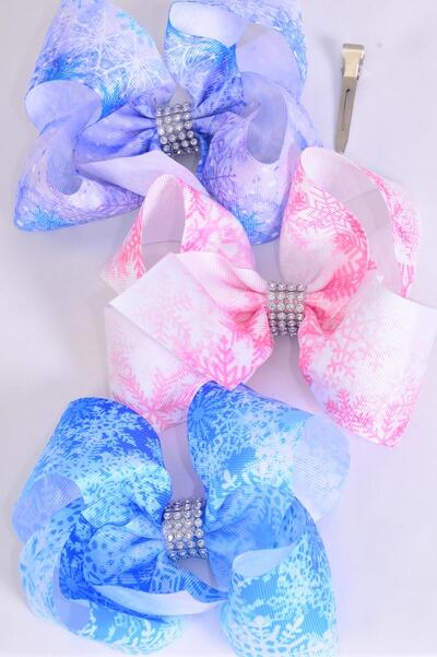 Hair Bow Jumbo Snowflake Grosgrain Bow-tie / 12 pcs Bow = Dozen  Snowflake , Alligator Clip , Size - 6" x 5" Wide , 4 Of each Pattern Asst , Clip Strip & UPC Code