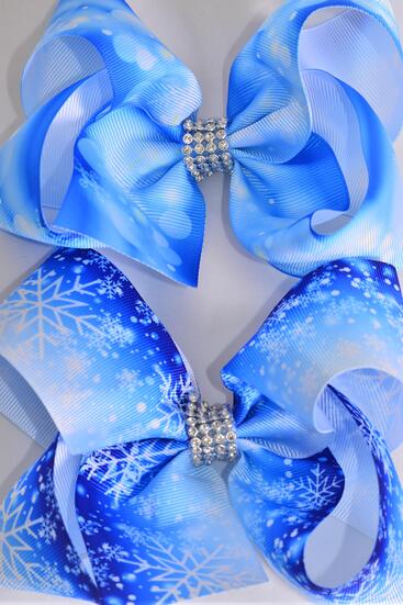 Hair Bow Jumbo Snowflake Grosgrain Bow-tie / 12 pcs Bow = Dozen  Snowflake , Alligator Clip , Size - 6" x 5" Wide , 6 Of each Pattern Asst , Clip Strip & UPC Code