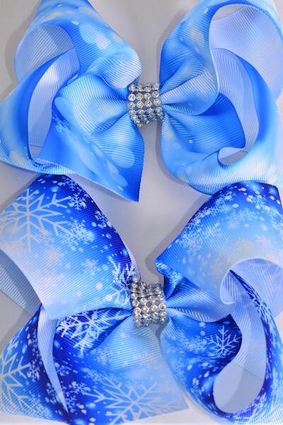 Hair Bow Jumbo Snowflake Grosgrain Bow-tie / 12 pcs Bow = Dozen  Snowflake , Alligator Clip , Size - 6" x 5" Wide , 6 Of each Pattern Asst , Clip Strip & UPC Code