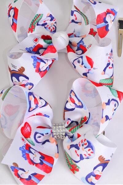 Hair Bow Jumbo Penguin Grosgrain Bow-tie / 12 pcs Bow = Dozen  Penguin , Alligator Clip , Size - 6" x 5" Wide , Clip Strip & UPC Code