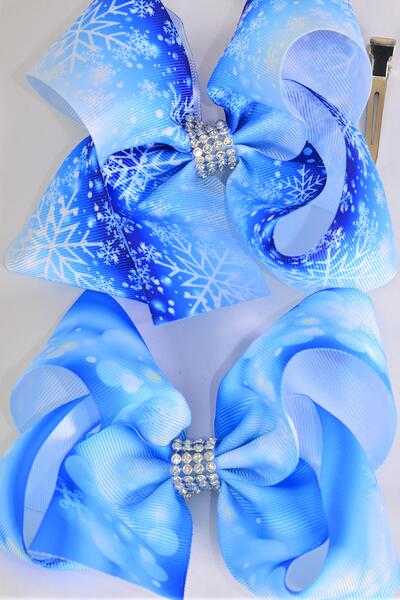 Hair Bow Jumbo Snowflake Grosgrain Bow-tie / 12 pcs Bow = Dozen  Snowflake , Alligator Clip , Size - 6" x 5" Wide , 6 Of each Pattern Asst , Clip Strip & UPC Code