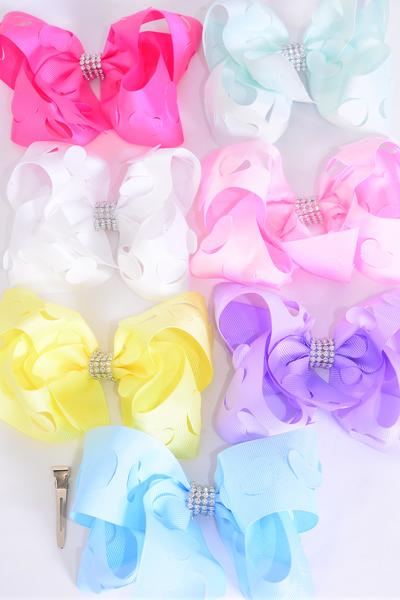Hair Bow Jumbo Heart Grosgrain Bow-tie Pastel / 12 pcs Bow = Dozen Alligator Clip , Size - 6" x 5" Wide , 2 White , 2 Pink , 1 Blue , 1 Yellow , 2 Lavender , 2 Hot Pink , 2 Mint Green Mix Asst , Clip Strip & UPC Code
