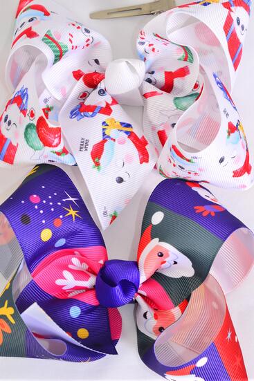 Hair Bow Jumbo Christmas Theme Mix Grosgrain Bow-tie / 12 pcs Bow = Dozen  Christmas , Alligator Clip , Size - 6" x 5" Wide , 6 Of Each Pattern Asst , Clip Strip & UPC Code