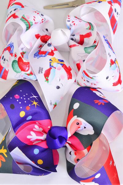Hair Bow Jumbo Christmas Theme Mix Grosgrain Bow-tie / 12 pcs Bow = Dozen  Christmas , Alligator Clip , Size - 6" x 5" Wide , 6 Of Each Pattern Asst , Clip Strip & UPC Code