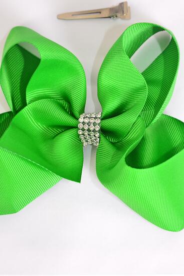 Hair Bow Jumbo Center Clear Stones Kelly Green Grosgrain Bow-tie /12 pcs Bow = Dozen Classic Green , Alligator Clip , Bow - 6" x 5" , Clip Strip & UPC Code