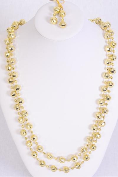 Necklace Sets Poly Diamond Cut Beads Gold / 12 pcs = Dozen Gold , 48" Long , Hang Tag & Opp Bag & UPC Code
