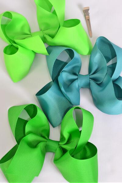 Hair Bow Jumbo Green Mix Grosgrain Bow-tie / 12 pcs Bow = Dozen Alligator Clip , Size - 6" x 5" Wide , 4 Teal Green , 4 Kelly Green , 4 Lime Green Color Asst , Clip Strip and UPC Code