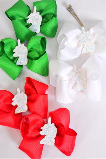 Hair Bow 24 pcs XMAS Center Unicorn Charm Grosgrain Bow-tie / 24 pcs Bow = Dozen  Unicorn , Alligator Clip , Size - 3.5" x 3",  4 Red , 4 White , 4 Green Color Asst , Clip Strip & UPC Code