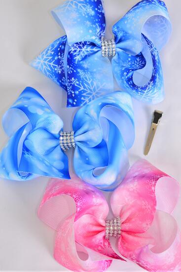 Hair Bow Jumbo Snowflake Grosgrain Bow-tie / 12 pcs Bow = Dozen  Snowflake , Alligator Clip , Size - 6" x 5" Wide , 4 Of each Pattern Asst , Clip Strip & UPC Code